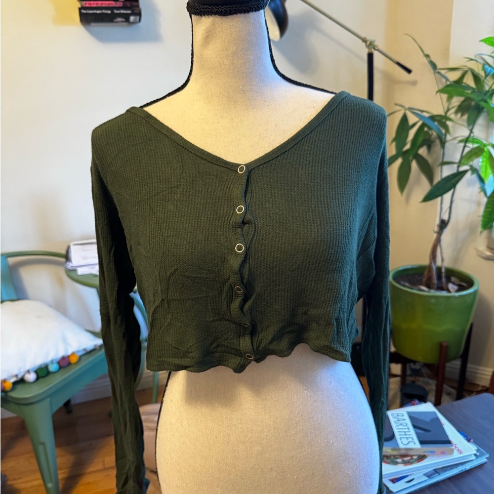 Forest Green Ribbed Button-Up Crop Top